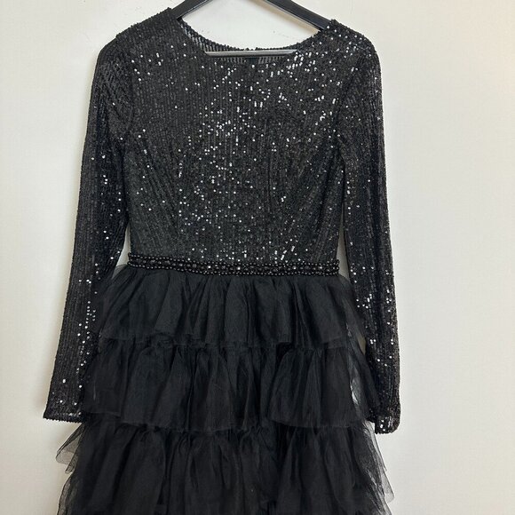MAC DUGGAL Sequined Layered Tulle A-Line Cocktail Dress in Black Size US 6 - Picture 4 of 10